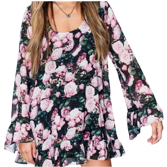 NWOT Show Me Your MuMu Black and Pink Ruffled Bell Sleeve Blouse - Size M - Picture 1 of 4